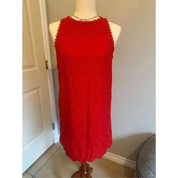 Monteau Women’s Red High Neck Lace Dress - Size Medium - 58171 - Picture 1 of 9